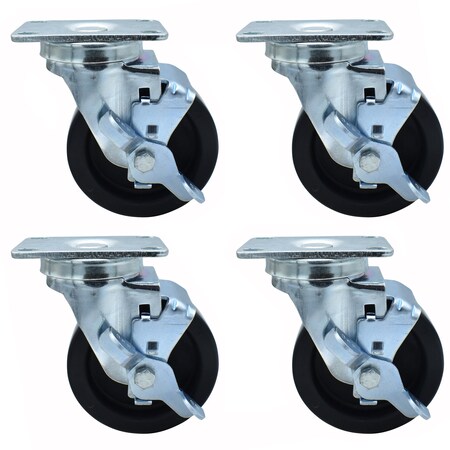Bk Resources 4-inch Plate Casters, Polyolefin Wheels, Top Lock Brake, 300lb Capacity, 4PK 4SBR-1PT-LDP-PS4